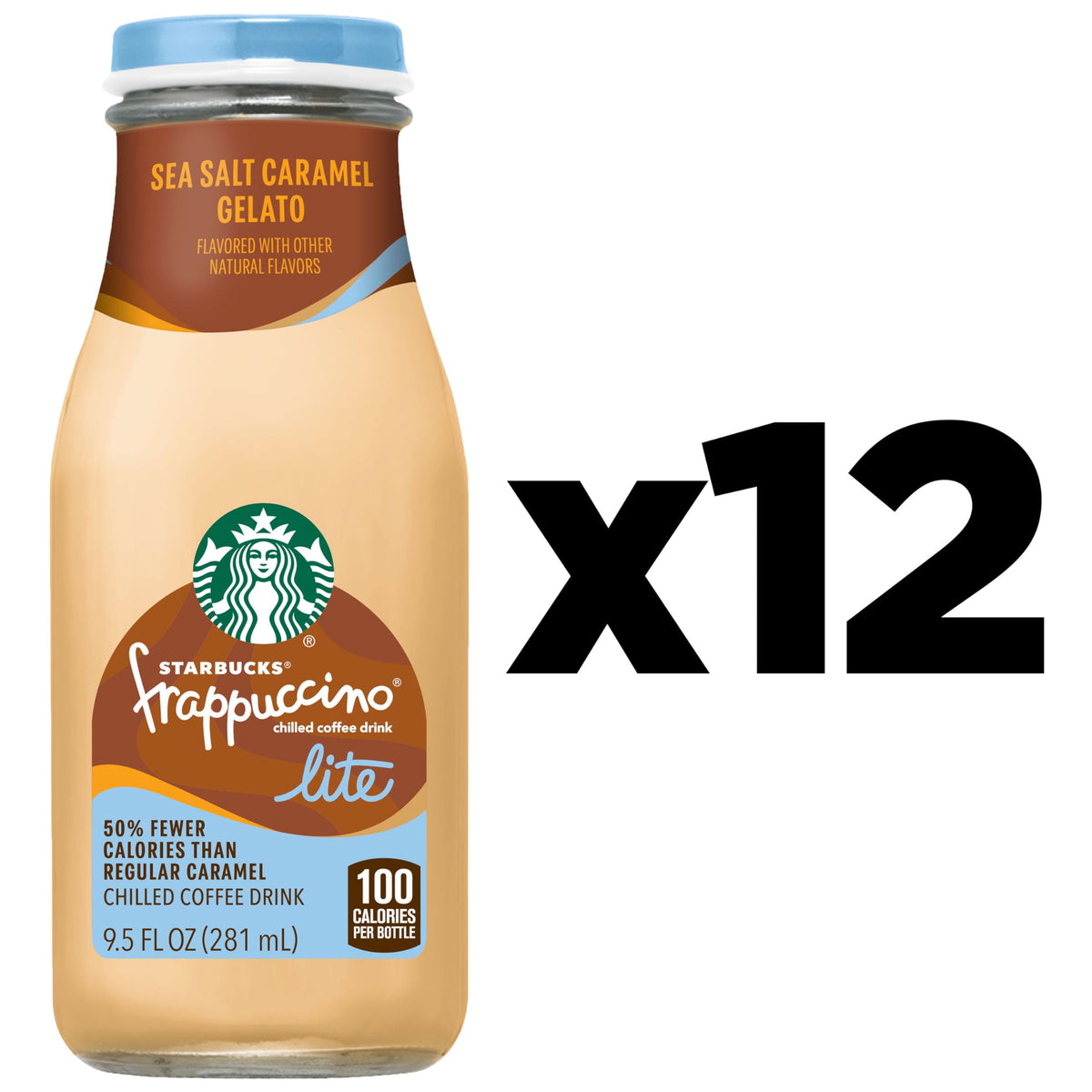 Starbucks Frappuccino Lite sea salt caramel label highlights premium flavor.
