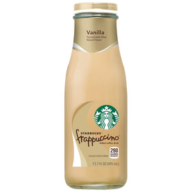 Close-up of vanilla label highlighting real brewed Starbucks coffee and creamy texture.