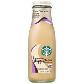 Starbucks Frappuccino bottle closeup—creamy white chocolate notes in every sip.