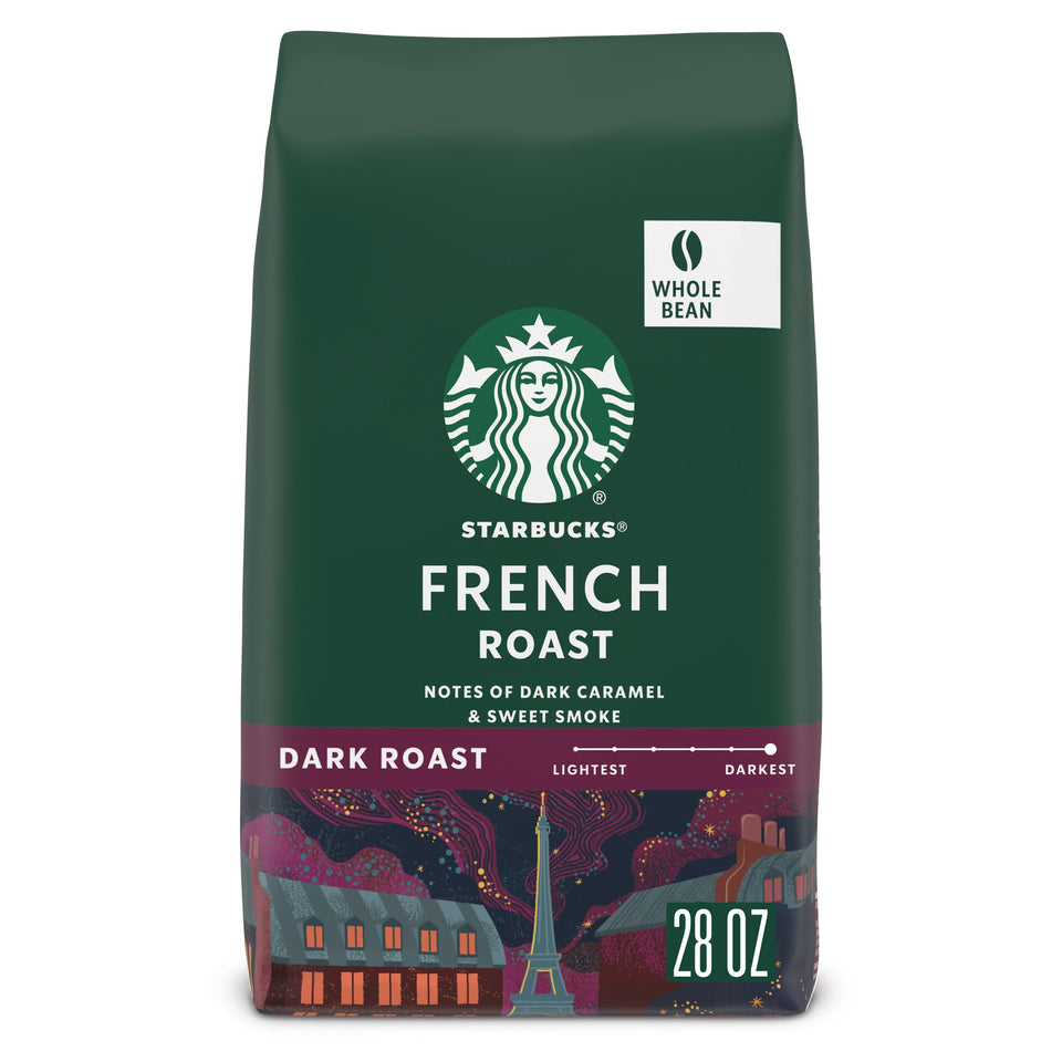 Starbucks French Roast beans close-up, highlighting a bold, smoky aroma.