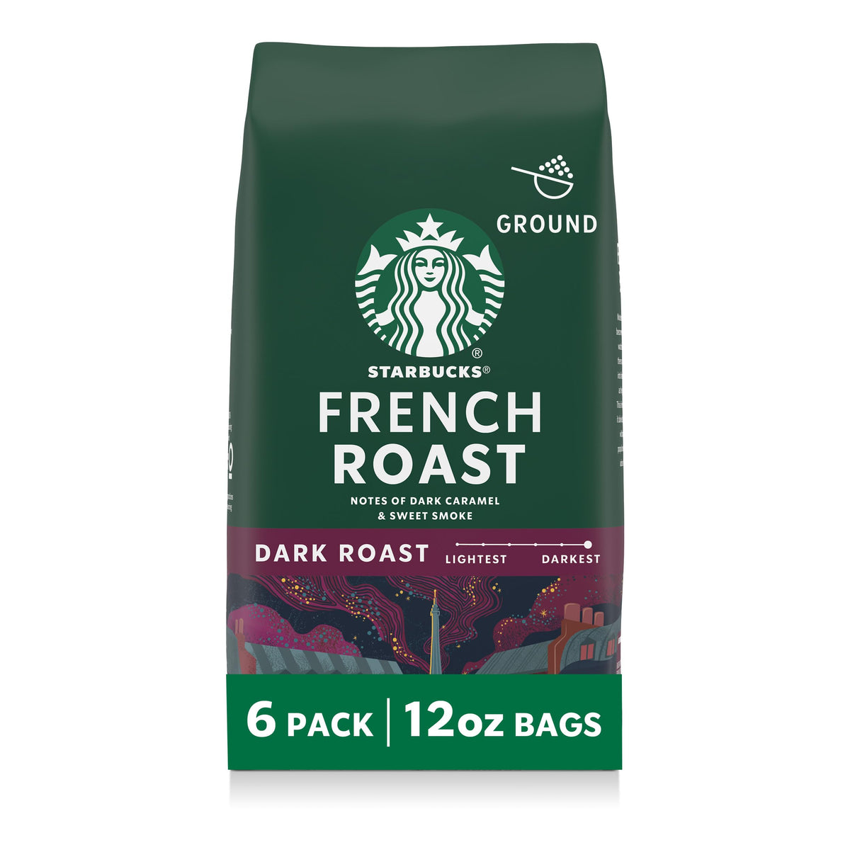 Starbucks French Roast ground coffee bags stacked for home use