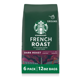 Starbucks French Roast ground coffee bags stacked for home use