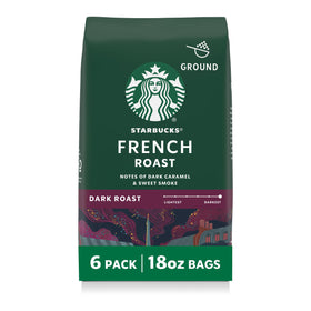 Starbucks French Roast ground coffee bags ready for home use, six-pack packaging