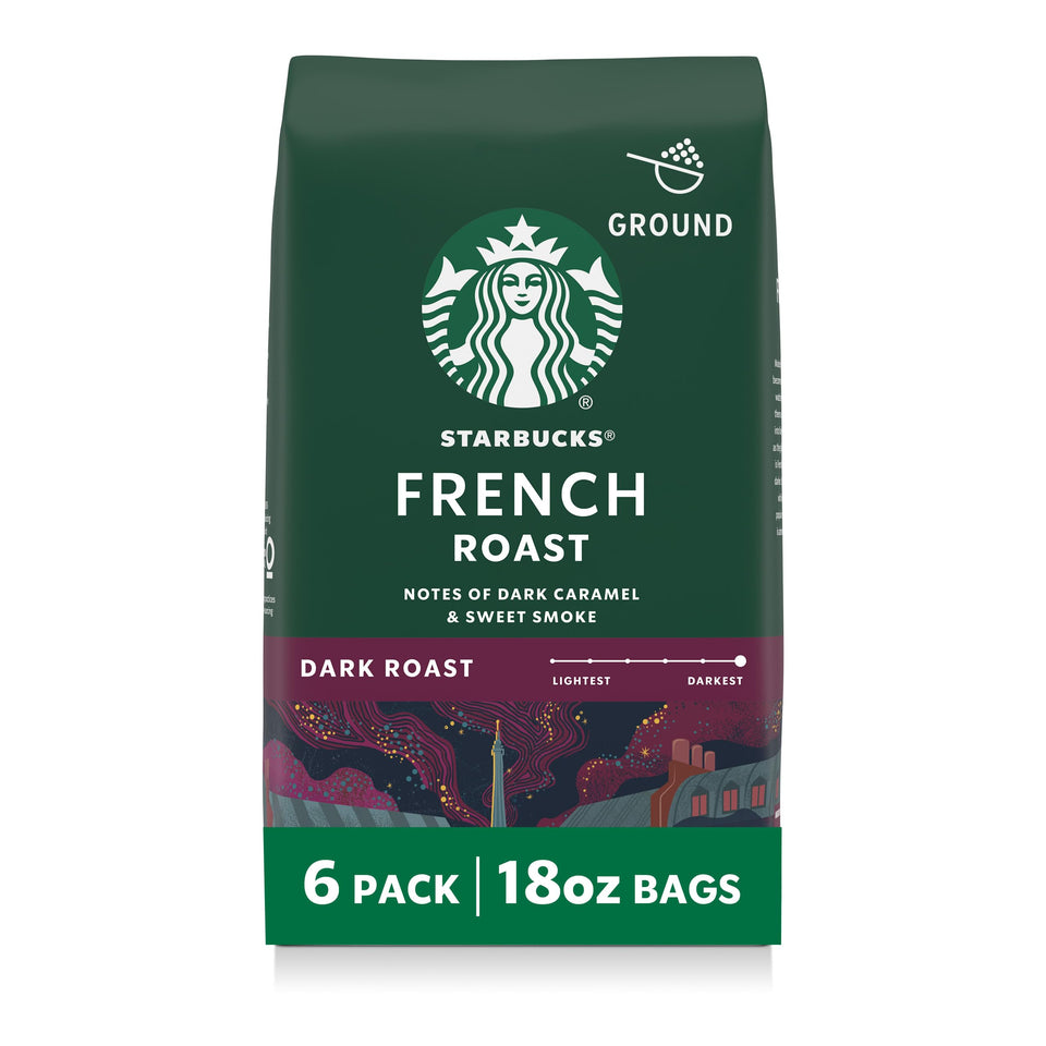 Starbucks French Roast ground coffee bags ready for home use, six-pack packaging