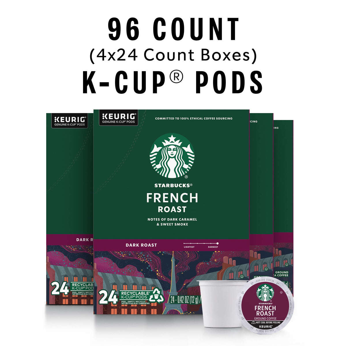 Starbucks French Roast K-Cup closeup emphasizes dark, smoky aroma