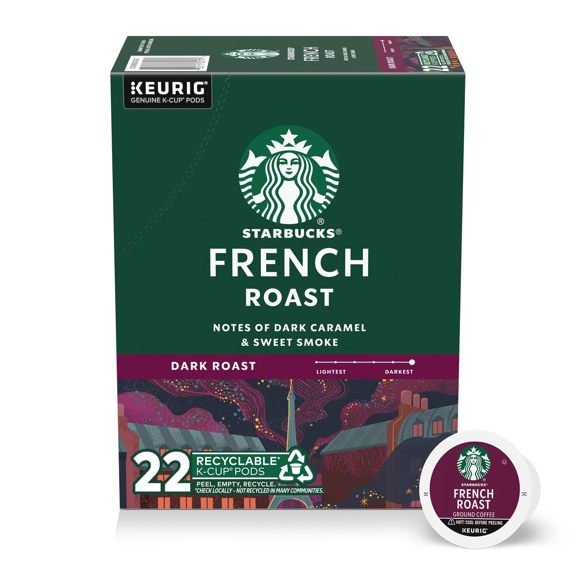 Starbucks French Roast K-Cup pod with rich aroma for a bold morning cup.