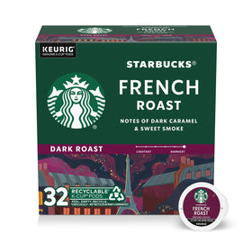 Starbucks French Roast K-Cup pod ready for bold hot or iced coffee.