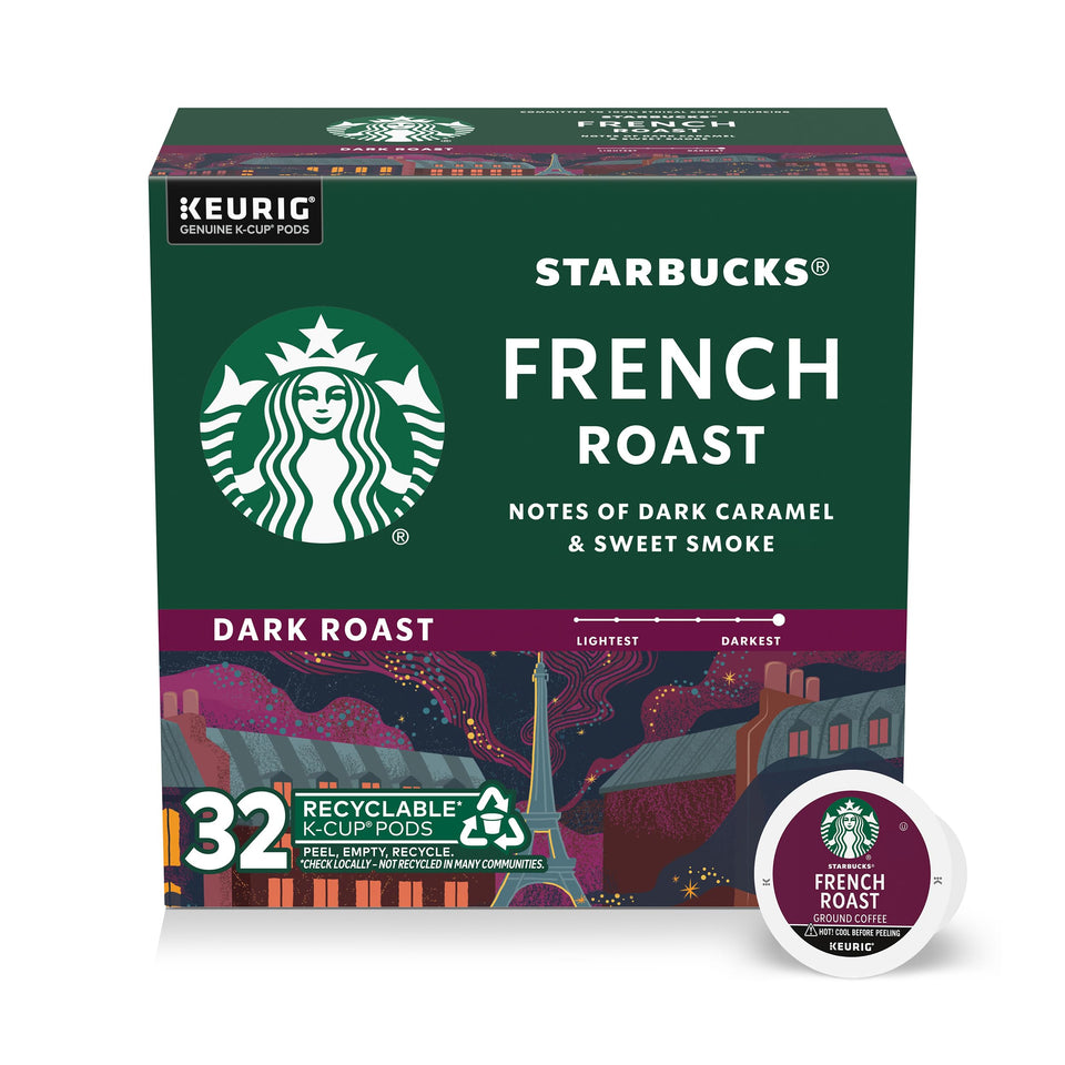 Starbucks French Roast K-Cup pod ready for bold hot or iced coffee.