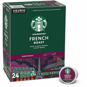 Starbucks French Roast K-Cup pods in a box for bold mornings.