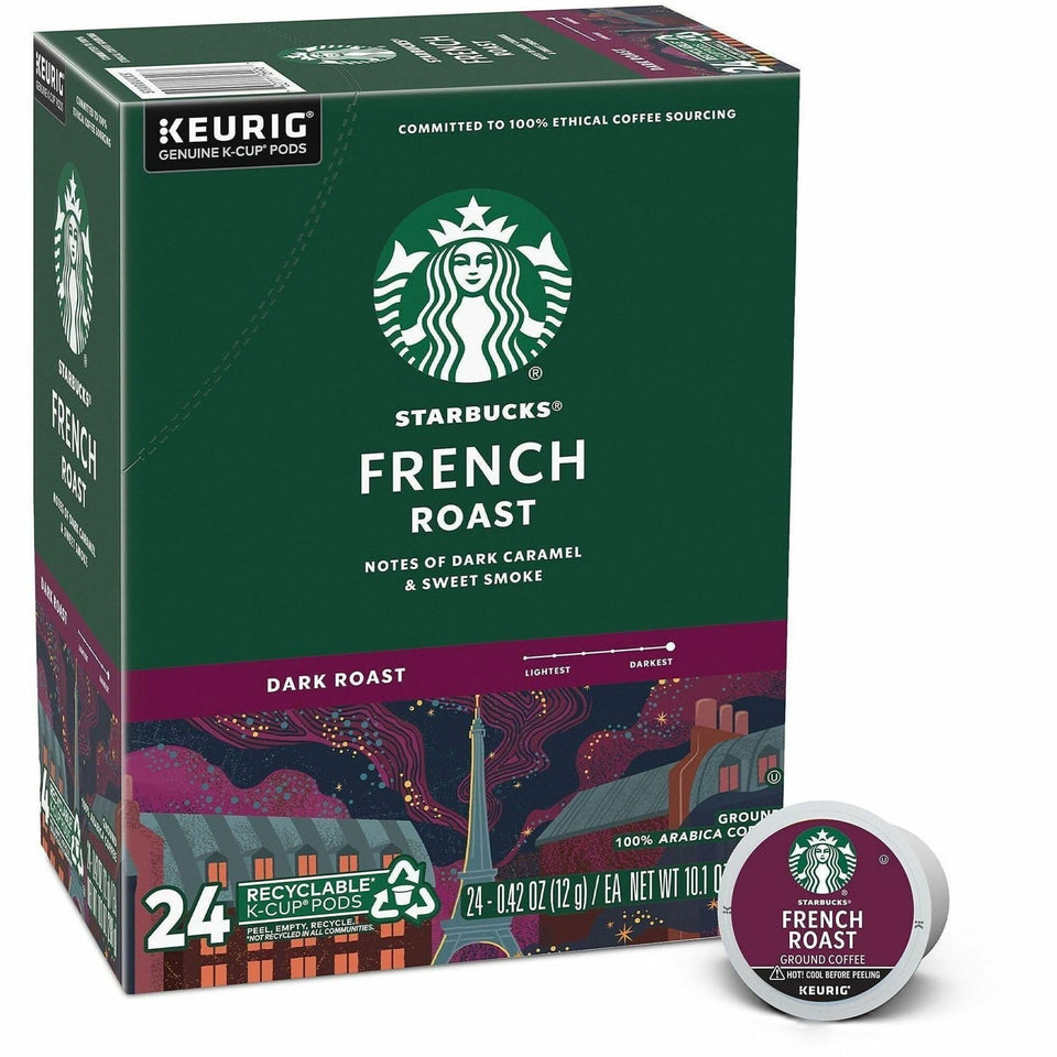 Starbucks French Roast K-Cup pods in a box for bold mornings.