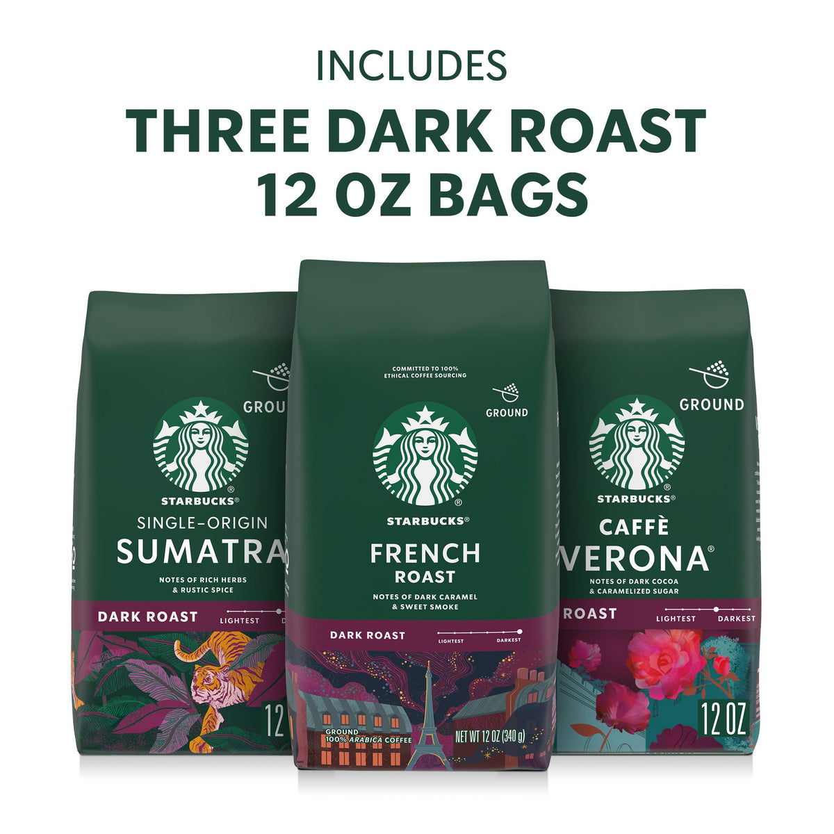 Starbucks Caffè Verona ground coffee bag front, dark cocoa with caramel hints.
