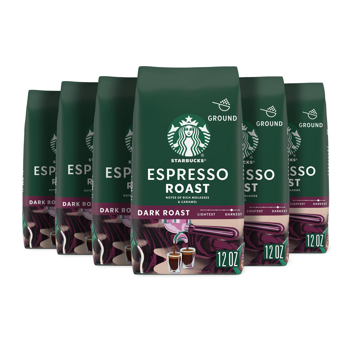 Starbucks ground coffee dark roast six-pack bags for bold at-home espresso.