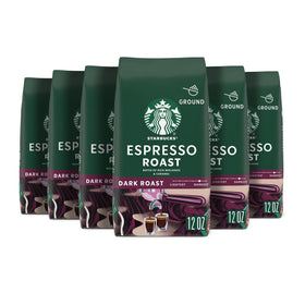 Starbucks ground coffee dark roast six-pack bags for bold at-home espresso.