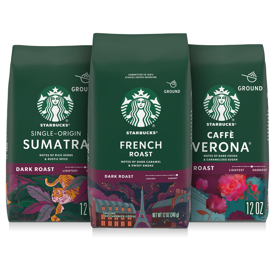 Starbucks Sumatra ground coffee bag front, rich herbal notes and rustic spice.