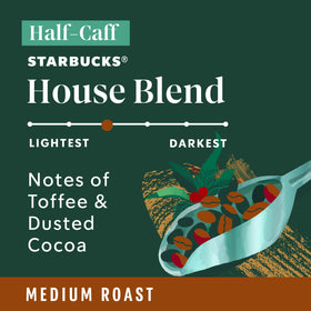 Starbucks Half-Caff House Blend coffee beans close-up highlighting rich aroma and balanced flavor