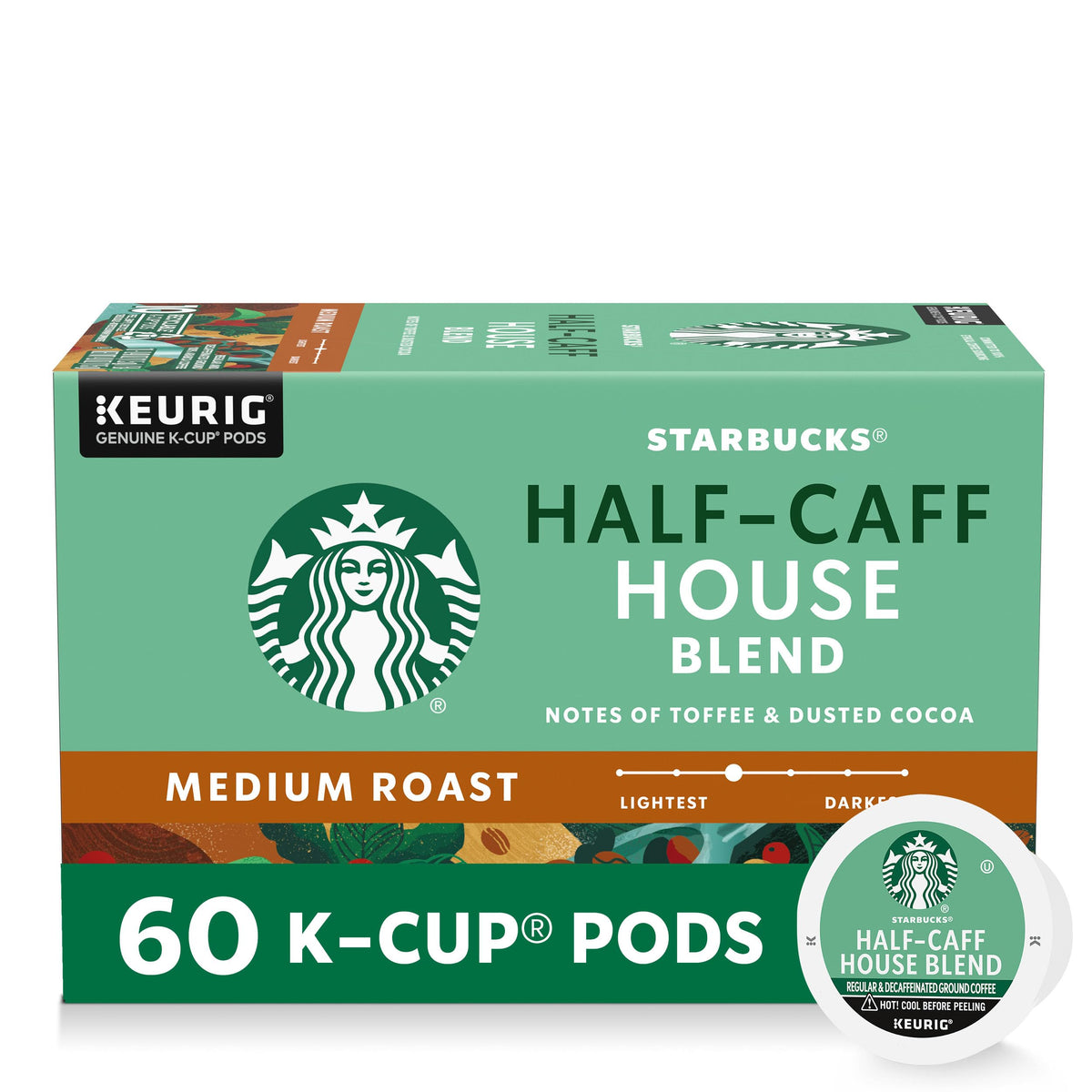 Packaging of Starbucks Half-Caff House Blend K-Cup pods for home use