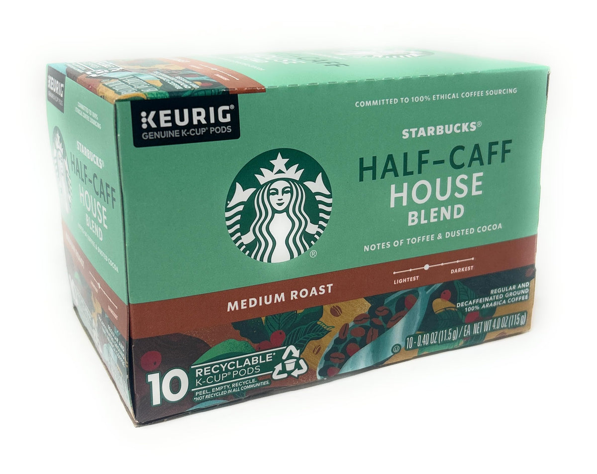 Starbucks Half-Caff House Blend packaging highlights a versatile all-day coffee option