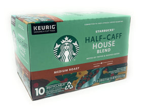 Starbucks Half-Caff House Blend packaging highlights a versatile all-day coffee option