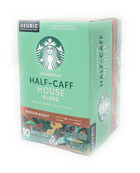 Starbucks Half-Caff House Blend pod ready for brewing, offering balanced flavor with moderate caffeine
