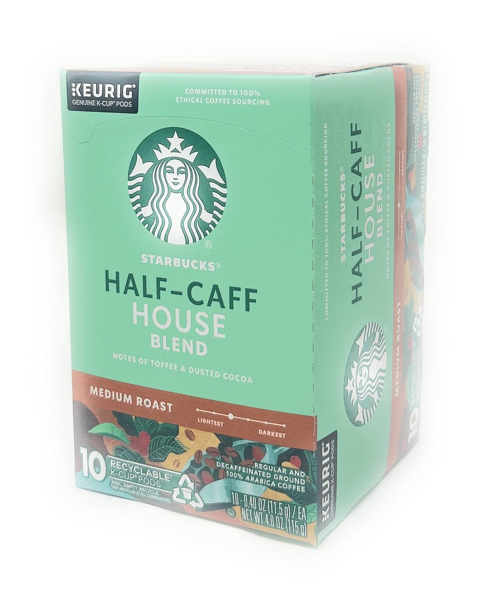 Starbucks Half-Caff House Blend pod ready for brewing, offering balanced flavor with moderate caffeine