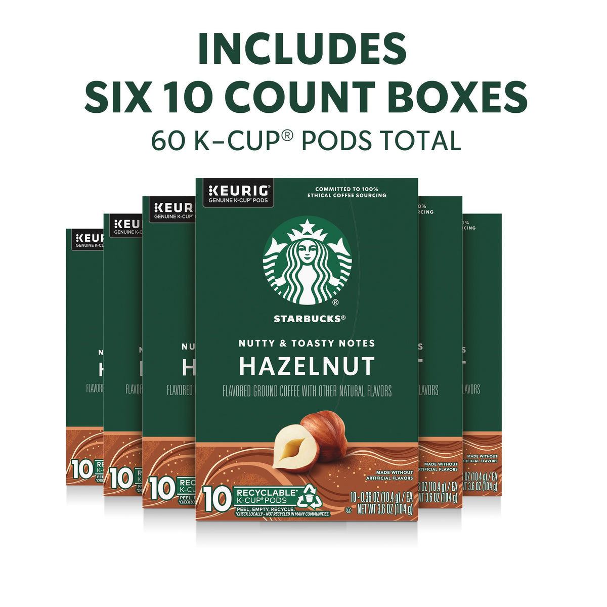 Closeup of Starbucks Hazelnut K-Cup pods highlighting smooth aroma.