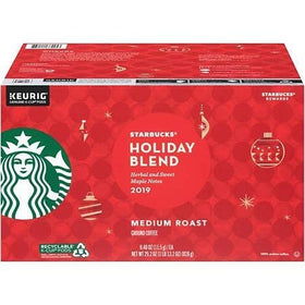 Starbucks Holiday Blend K-Cups box with smooth, balanced flavor and maple notes.