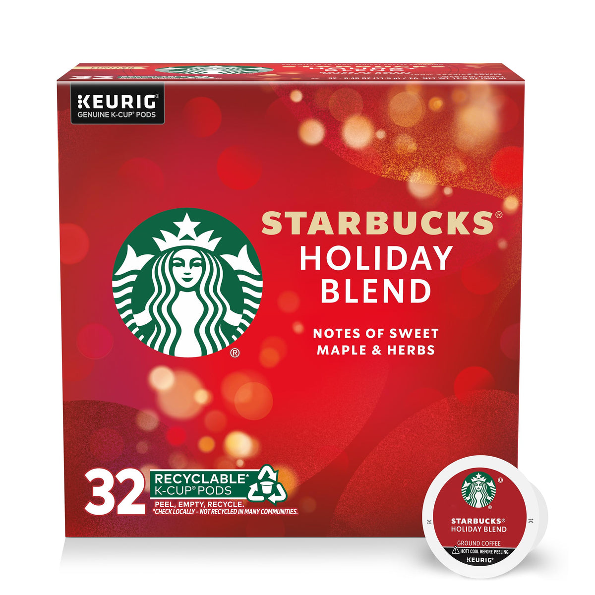 Starbucks Holiday Blend K-Cup pods box showcases seasonal packaging for gifting.