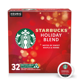 Starbucks Holiday Blend K-Cup pods box showcases seasonal packaging for gifting.