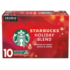 Starbucks Holiday Blend K-Cup pods box for festive mornings.