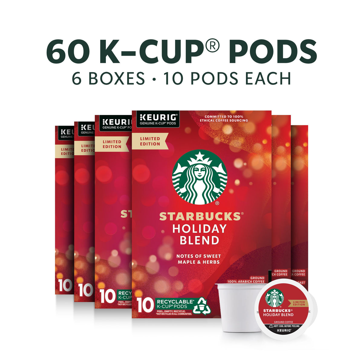 Close-up of Starbucks Holiday Blend K-Cup pods highlighting premium Arabica beans