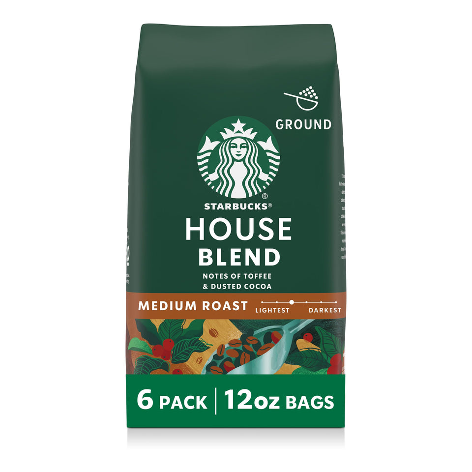 Starbucks House Blend ground coffee packs, six 12 oz bags, convenient for home brewing.