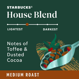 Starbucks House Blend K-Cups closeup highlighting rich aroma and cocoa-toffee notes