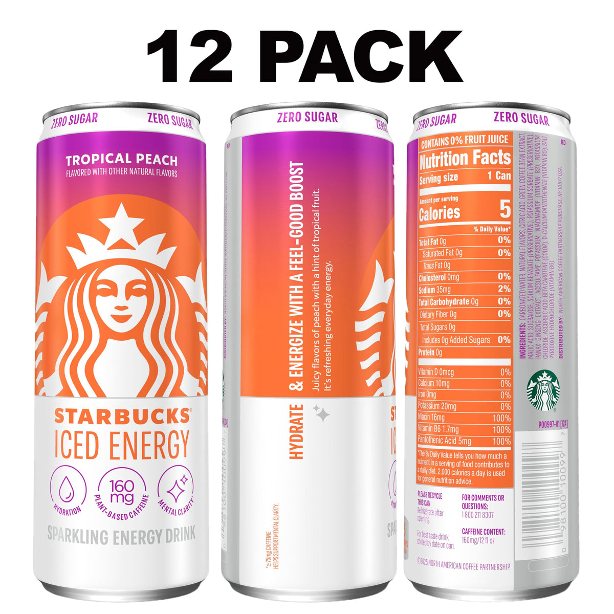 Starbucks Iced Energy Tropical Peach desk scene highlighting refreshing, zero-sugar boost.