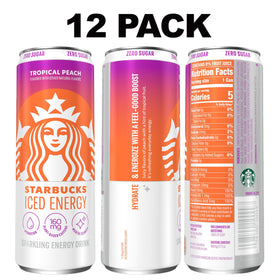 Starbucks Iced Energy Tropical Peach desk scene highlighting refreshing, zero-sugar boost.