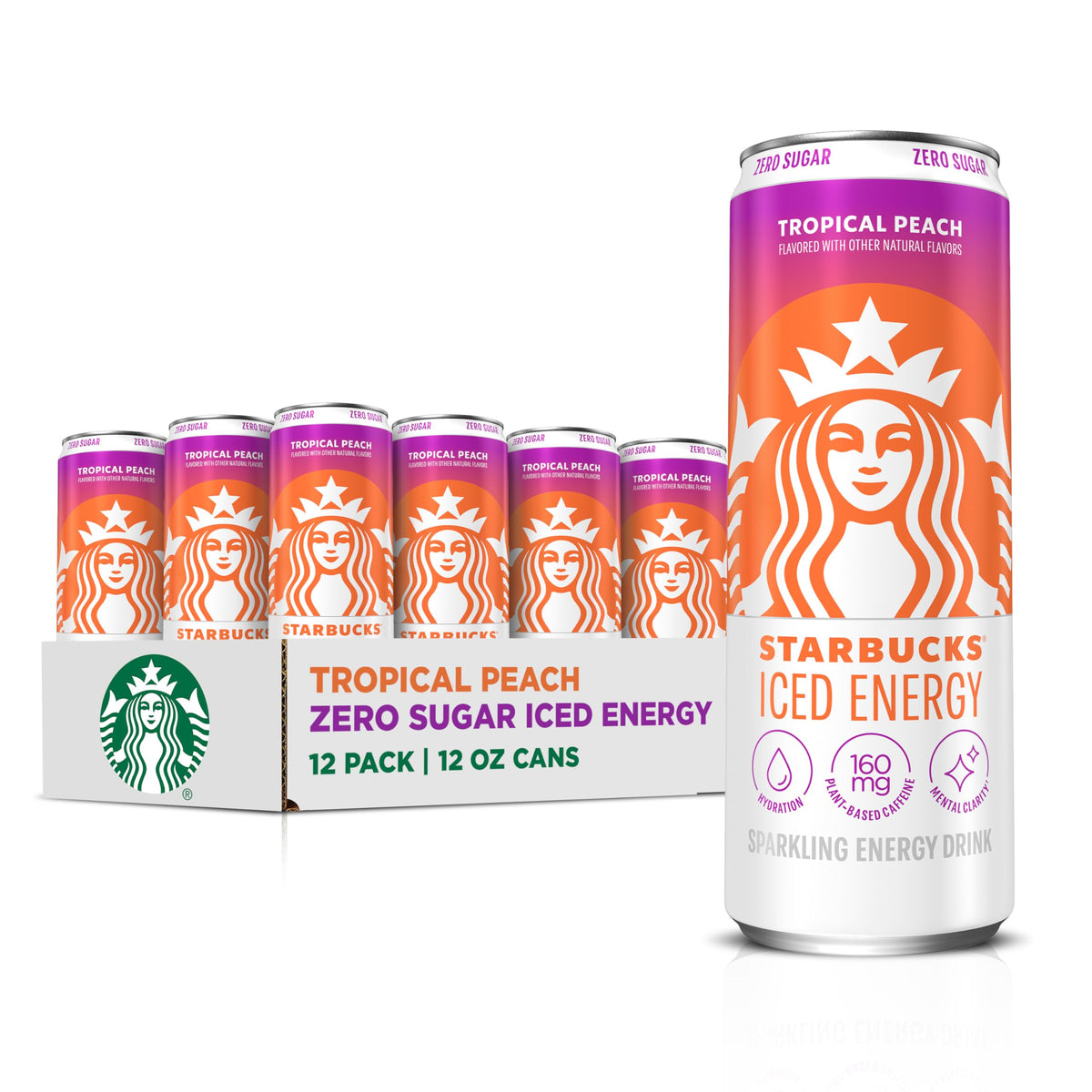 Starbucks Iced Energy Tropical Peach front can showing hydration with plant-based caffeine.