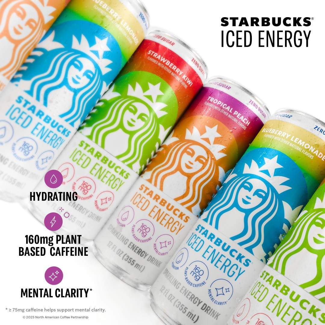 Starbucks Iced Energy Tropical Peach label closeup displaying flavor and low calories.