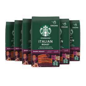 Starbucks Italian Roast ground coffee packaging with six bags for rich at-home brewing