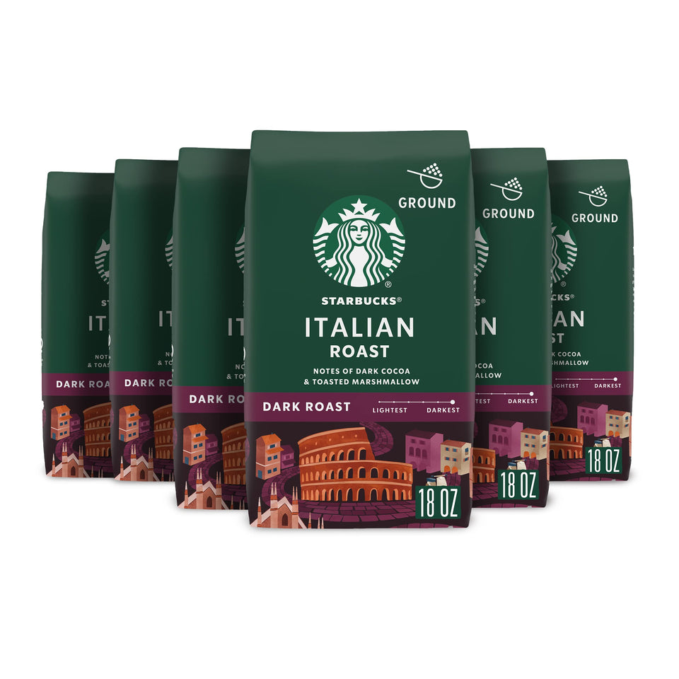 Starbucks Italian Roast ground coffee packaging with six bags for rich at-home brewing