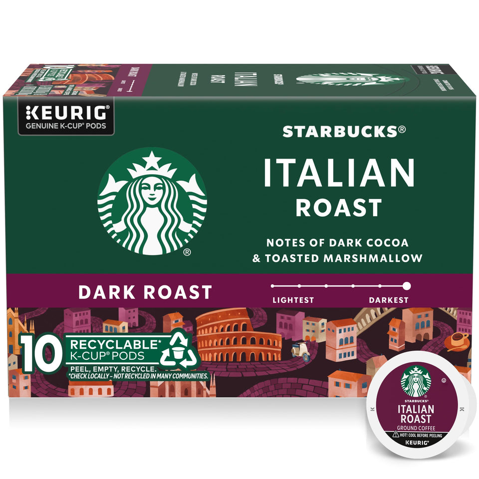 Starbucks Italian Roast K-Cup pod for Keurig machines with bold notes.
