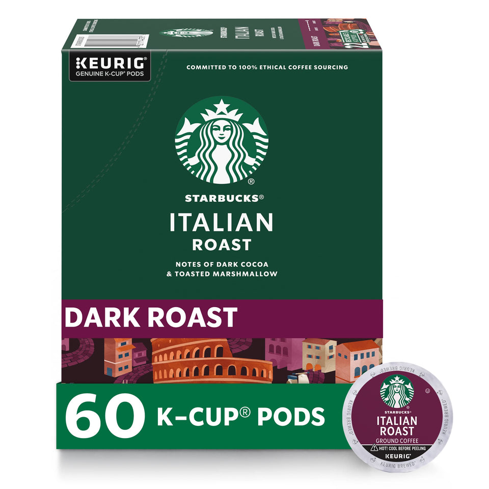 Starbucks Italian Roast K-Cup pods in box for Keurig brewers with bold flavor