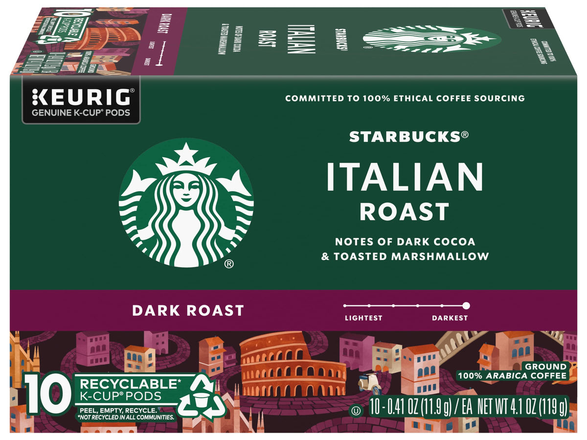 Starbucks Italian Roast box back shows pack details and coffee notes.