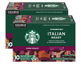 Starbucks Italian Roast K-Cup pods in box front signaling bold flavor.
