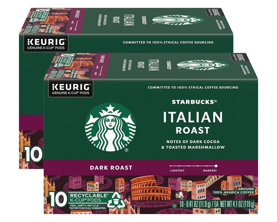 Starbucks Italian Roast K-Cup pods in box front signaling bold flavor.