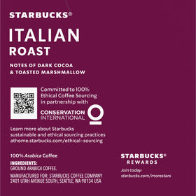 Starbucks Italian Roast K-Cup pods in a mug with rich aroma.