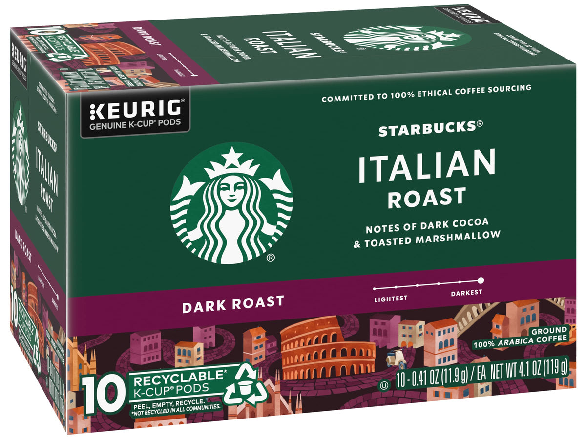 Close-up of Starbucks Italian Roast K-Cup capsules for easy single-serve brewing.