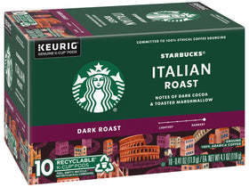 Close-up of Starbucks Italian Roast K-Cup capsules for easy single-serve brewing.