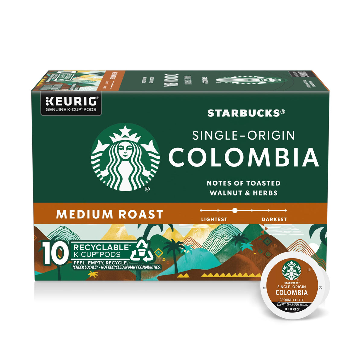 Starbucks K-Cup Colombia pod packaging ready for Keurig brewers, quick morning coffee.