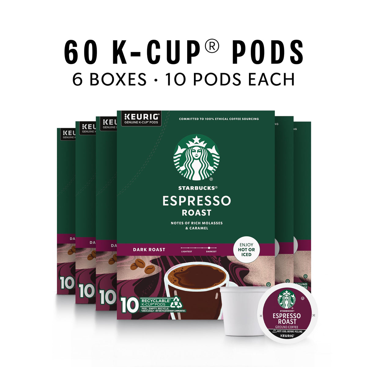 Close-up of Starbucks Espresso Roast K-Cup pod — bold aroma ready for Keurig brewing.