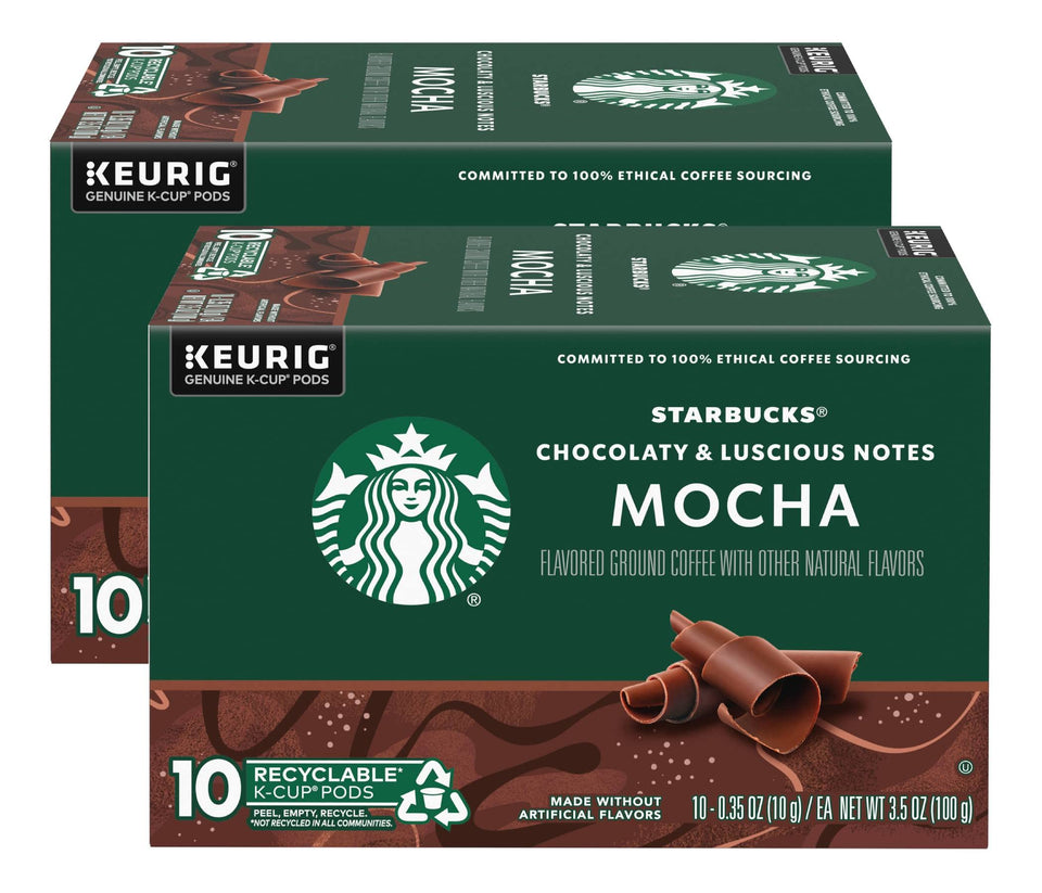Starbucks K-Cup Mocha box front showing a two-pack for quick mornings.