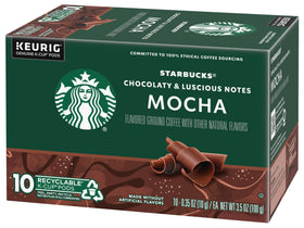Starbucks K-Cup Mocha mug with steam, inviting aroma.